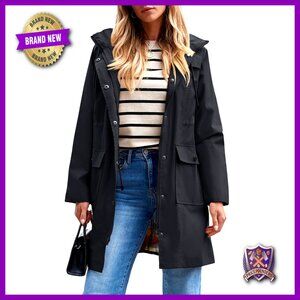 Waterproof Trench Coat Rain Jacket Hooded Windbreaker Lightweight Classic Chic